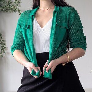 *2/20$* Vibrant Green Open-Knit Collared Open-front Cardigan, Size M